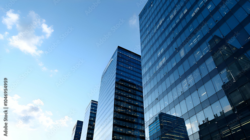 A low angle view of a row of modern glass skyscrapers against a blue sky with white clouds. The buildings reflect the sky and other buildings, creating a sense of depth and symmetry. A low angle view of a row of modern glass skyscrapers against a blue sky with white clouds. The buildings reflect the sky and other buildings, creating a sense of depth and symmetry.