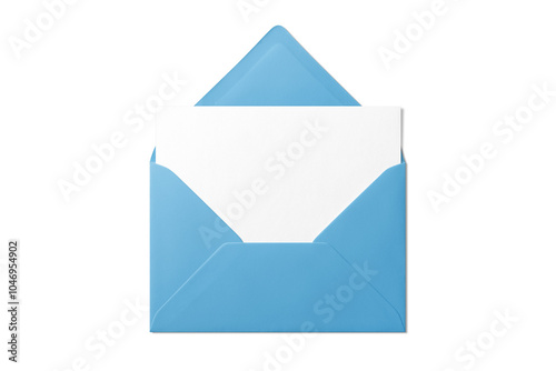 Opened blue envelope mockup with blank paper isolated on a transparent background, PNG. High resolution. 