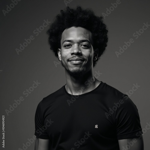 An African American man with an Afro stands against an isolated background