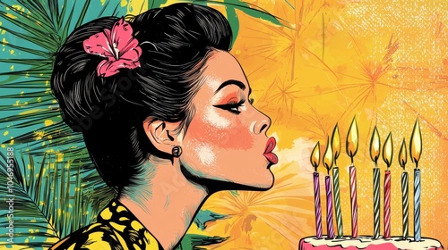 Illustration of Woman Blowing Out Birthday Candles