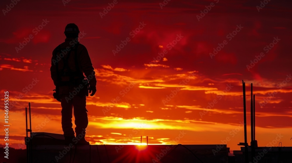 As the day comes to an end the silhouette of a construction worker stands out against the intense colors of the setting sun a symbol of perseverance. As the day comes to an end the silhouette of a construction worker stands out against the intense colors of the setting sun a symbol of perseverance.
