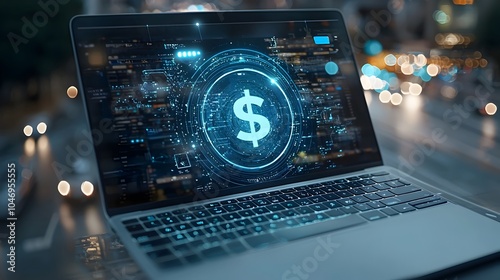 Glowing digital dollar sign hologram floating above a blurred laptop keyboard representing the innovative and futuristic world of fintech and digital currency