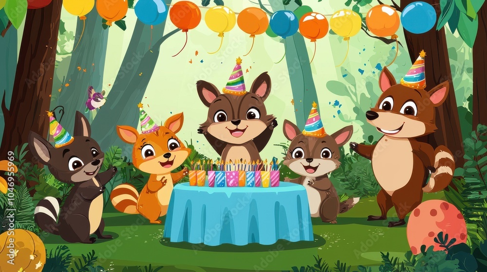Naklejka premium Cartoon Forest Animals Celebrating Birthday with Cake and Balloons