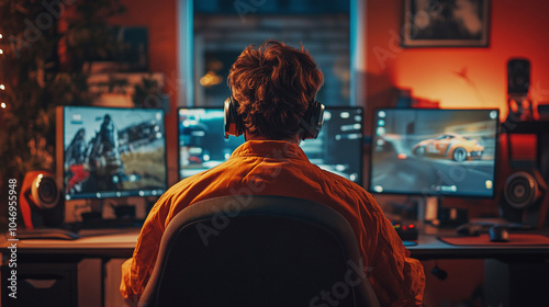 back view man playing car racing simulator at home gaming desk set up, steering wheel driving game having fun playing racing video game photography