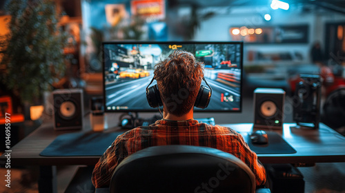 back view man playing car racing simulator at home gaming desk set up, steering wheel driving game having fun playing racing video game photography