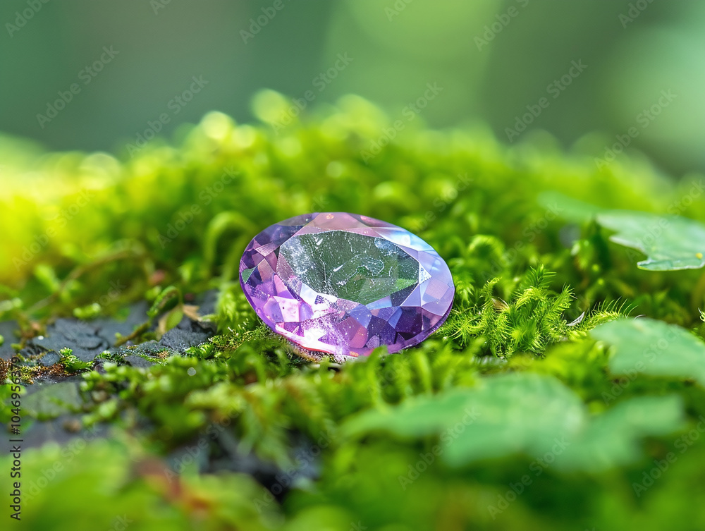 Alexandrite stone crystal on a green leaves background