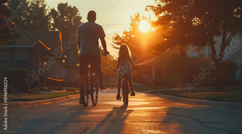 Father standing and watching his daughter riding a bike. beautiful neighborhood, sunset, ray lights.