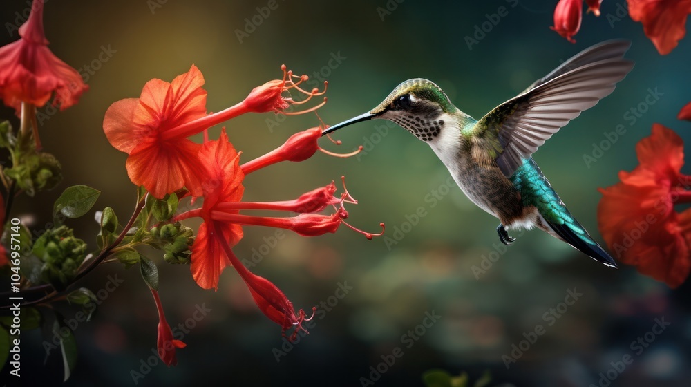 Fototapeta premium Photograph of a hummingbird hovering in mid-air,