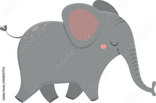 Adorable baby elephant cartoon character walking peacefully with closed eyes and a gentle smile, conveying a sense of happiness and tranquility