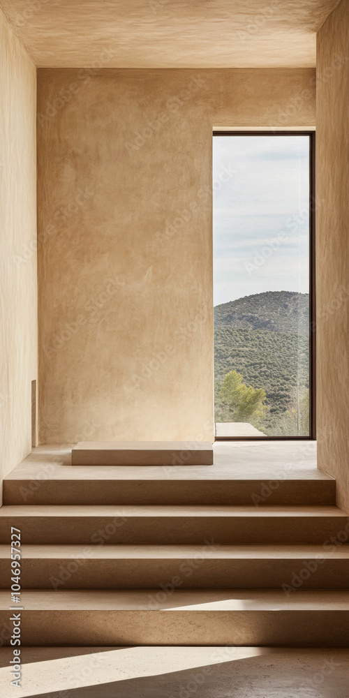 Fototapeta premium Serene architectural interior with stairs and expansive view of hillside landscape in daylight