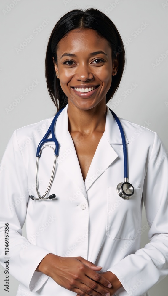 A portrait features an African-American female doctor grinning while wearing a stethoscope within a clinical setting A portrait features an African-American female doctor grinning while wearing a stethoscope within a clinical setting