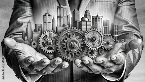 Hand holding abstract cogs on city background. Teamwork concept. Double exposure