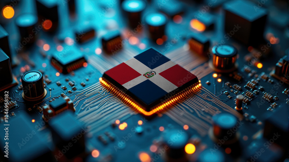 A Dominican Republic branded chip rests on a circuit board, surrounded by glowing components, representing significant contribution to advanced computing technology and hardware. A Dominican Republic branded chip rests on a circuit board, surrounded by glowing components, representing significant contribution to advanced computing technology and hardware.
