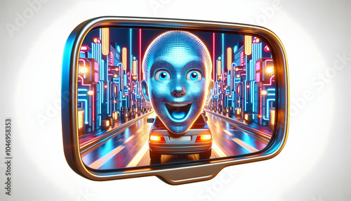 3D Close Up of Excited Face Reflected in Rear View Mirror with Futuristic City Backdrop: Macro Image of Driver's Exhilarated Expression Against Neon Lit Urban Environment in Modern Automotive Experien photo