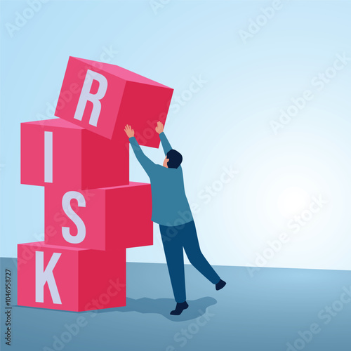 A man holds a box with risk written on it that is about to fall. Illustration of risk management, business mistakes, strategy and planning.