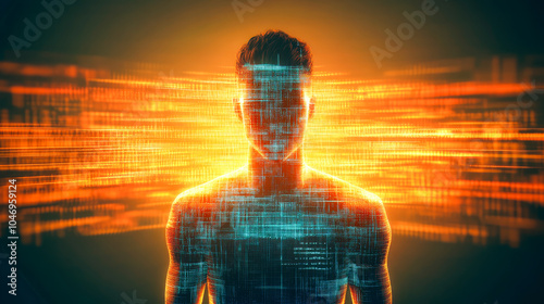 A digital human portrait with abstract light and pixelated elements, illustrating the merging of human and machine in a technological and symbolic context. photo