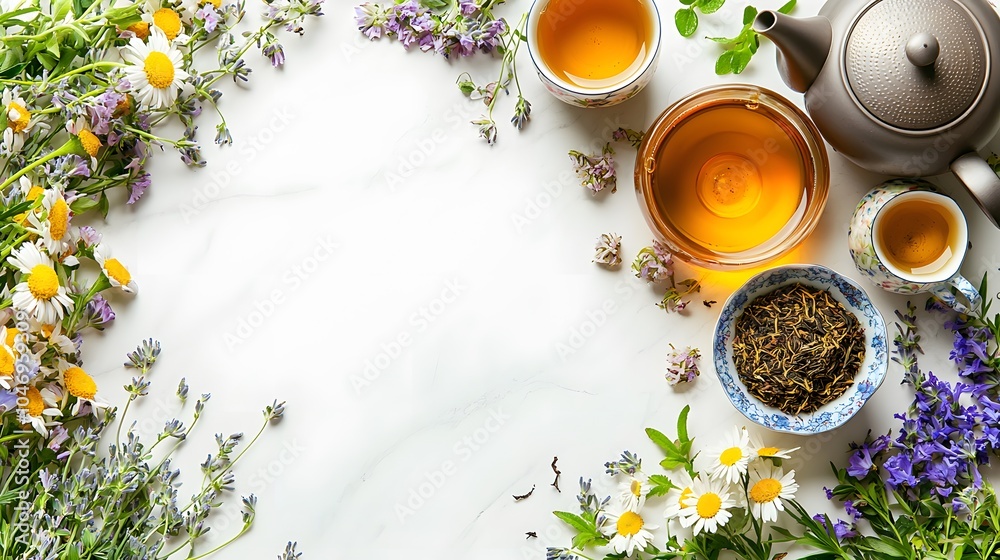 Floral Flat Lay of Loose Leaf Tea and Teapot Floral Flat Lay of Loose Leaf Tea and Teapot