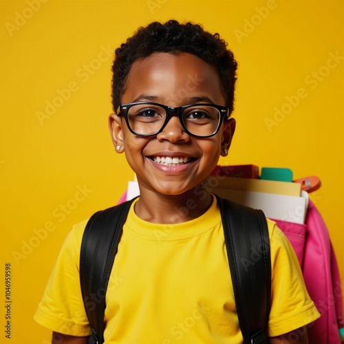 An African-American first grader wears glasses while carrying a backpack against a vibrant yellow background symbolizing the Back To School theme photo