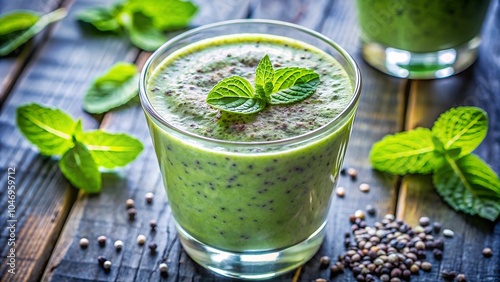 Green Smoothie with Mint Leaves on a Wooden Table