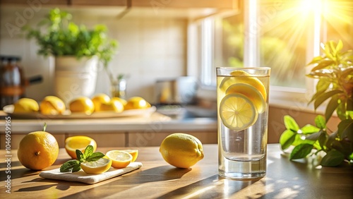 Lemon Water with Fresh Lemons on a Wooden Table
