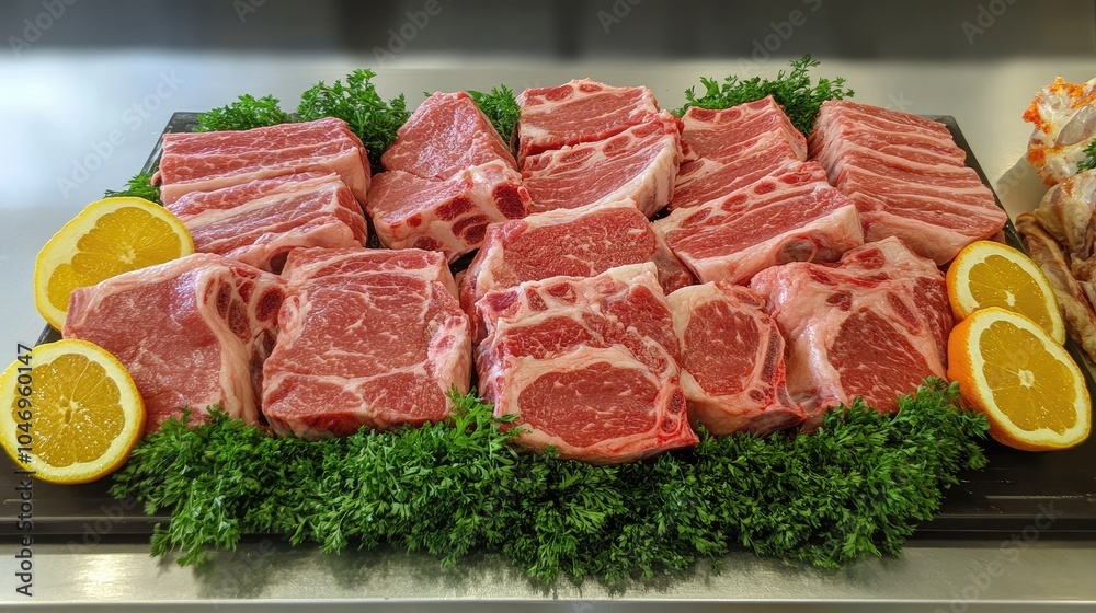 Fototapeta premium Fresh Cuts of Meat Displayed with Fresh Garnish