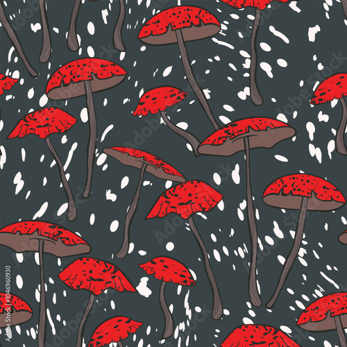 Seamless pattern with mushrooms. Hand drawn vector illustration. Vegan food menu. Poisonous and edible mushroom. Autumn mushroom picking, forest plant sketches