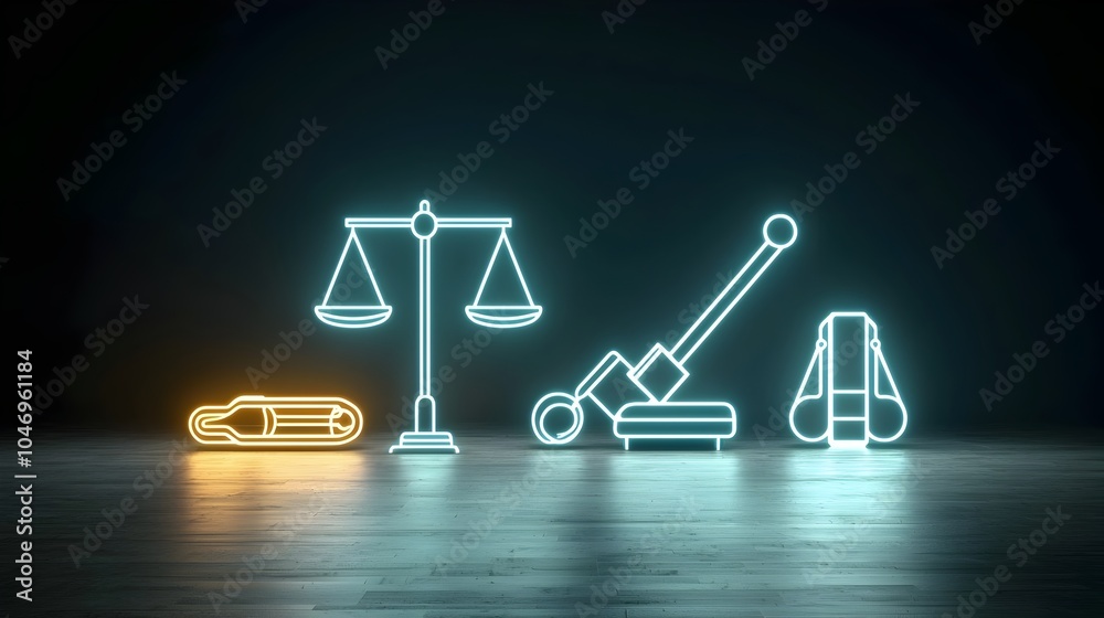 Striking image of a neon illuminated vacuum cleaner placed next to a set of legal scales