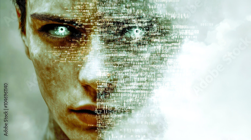 A face is embedded with binary code, radiating a futuristic gaze that emphasizes digital integration, creating a powerful statement of modern artistic innovation.