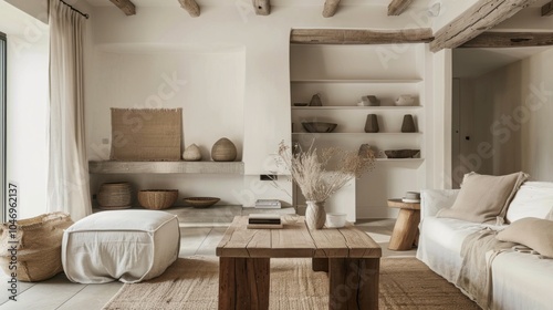 A cozy countryside retreat living room design set against a white canvas backdrop, furnished with minimalist countryside furniture arrangements, Countryside minimalist style
