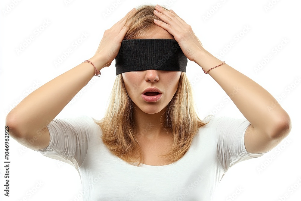 Blindfolded Woman on White Background. Confused Gesture with Apology Gestures Blindfolded Woman on White Background. Confused Gesture with Apology Gestures