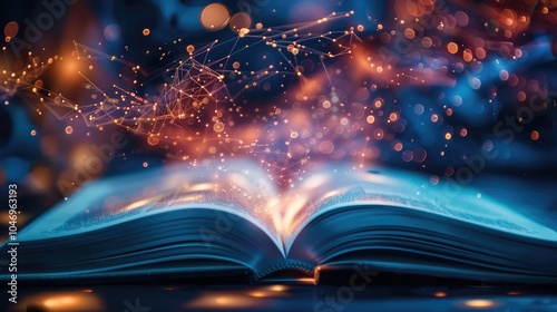 Open book surrounded by abstract colors and vibrant lights, symbolizing the fusion of knowledge and creativity.