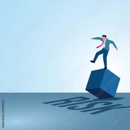 A man stands carefully on an overturned box and there is a shadow that says risk. Illustration of risk management, business mistakes, strategy and planning.