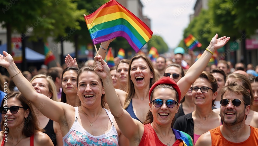 Fototapeta premium Crowd waves rainbow flags during Gay Pride Parade