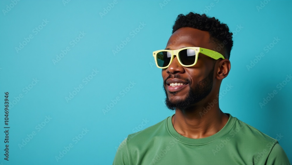 A confident African American man sporting trendy neon shades and a casual green tee gazes off toward a bustling cityscape set against a bold blue backdrop A confident African American man sporting trendy neon shades and a casual green tee gazes off toward a bustling cityscape set against a bold blue backdrop