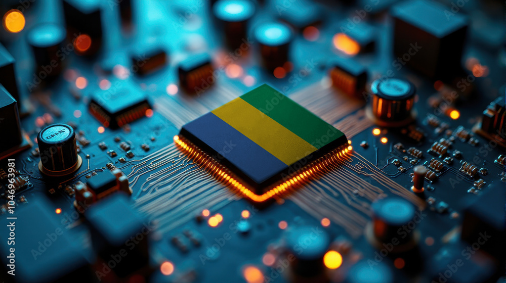 A Gabon branded chip rests on a circuit board, surrounded by glowing components, representing significant contribution to advanced computing technology and hardware.