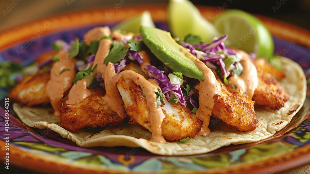 A Crispy Fish Tacos. A plate of crispy fish tacos topped with cabbage slaw, avocado slices, and a drizzle of chipotle mayo A Crispy Fish Tacos. A plate of crispy fish tacos topped with cabbage slaw, avocado slices, and a drizzle of chipotle mayo