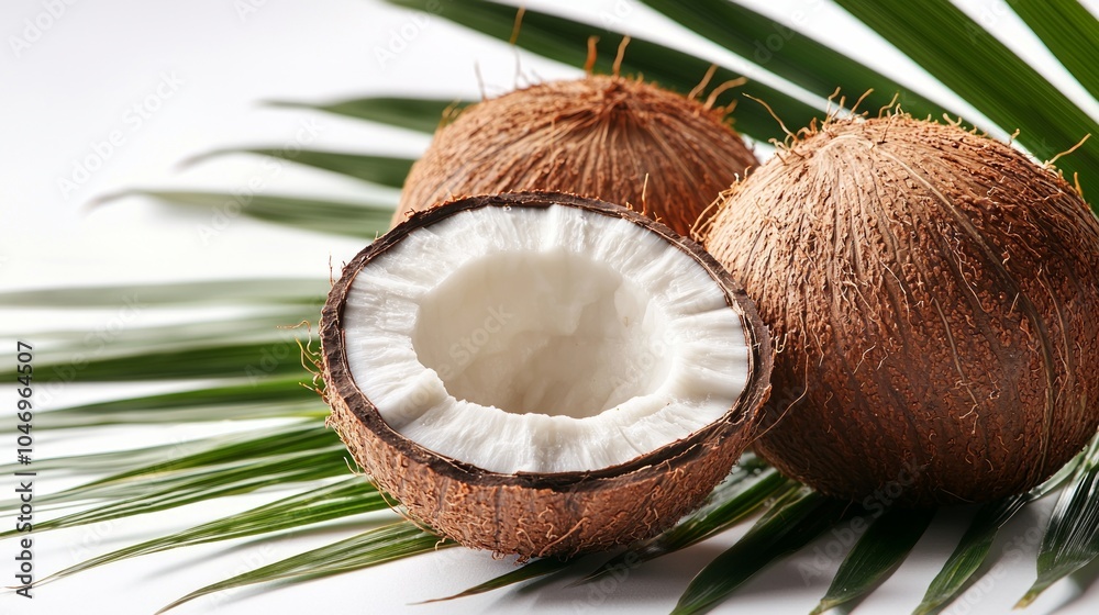 Fresh Coconut on Tropical Palm Leaves Display Fresh Coconut on Tropical Palm Leaves Display