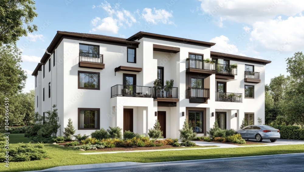 3D rendering of a modern, minimalist-style two-story house with a white color scheme and a car in the front view 3D rendering of a modern, minimalist-style two-story house with a white color scheme and a car in the front view