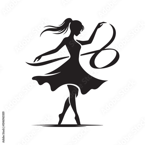 Elegant Woman Silhouette Dancing with Ribbon