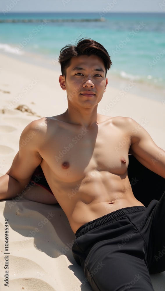A gay young Asian man is depicted lounging on a fictional beach setting A gay young Asian man is depicted lounging on a fictional beach setting
