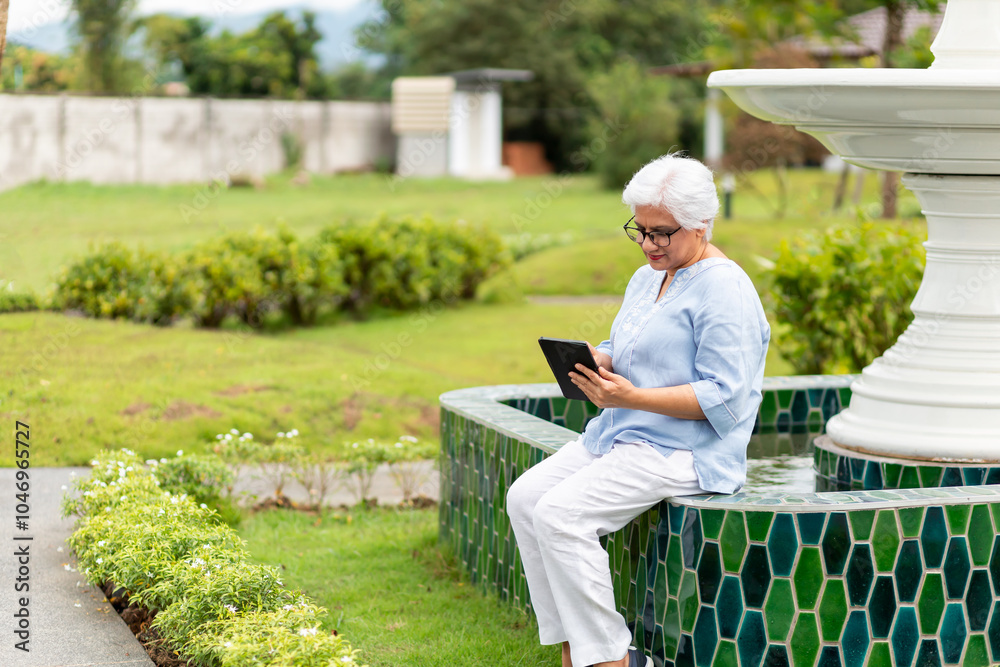 Fototapeta premium Asian senior women using computer tablets technology for entertainment, living in a retirement home facility outside park nature, Happy smiling joyful.