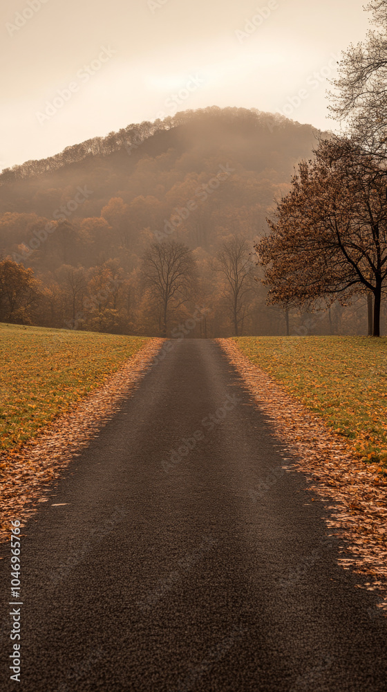 Fototapeta premium A tranquil road leading through autumn foliage towards a misty mountain at sunset