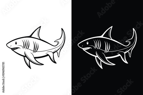 Shark lineout vector icons on a white and black background.	