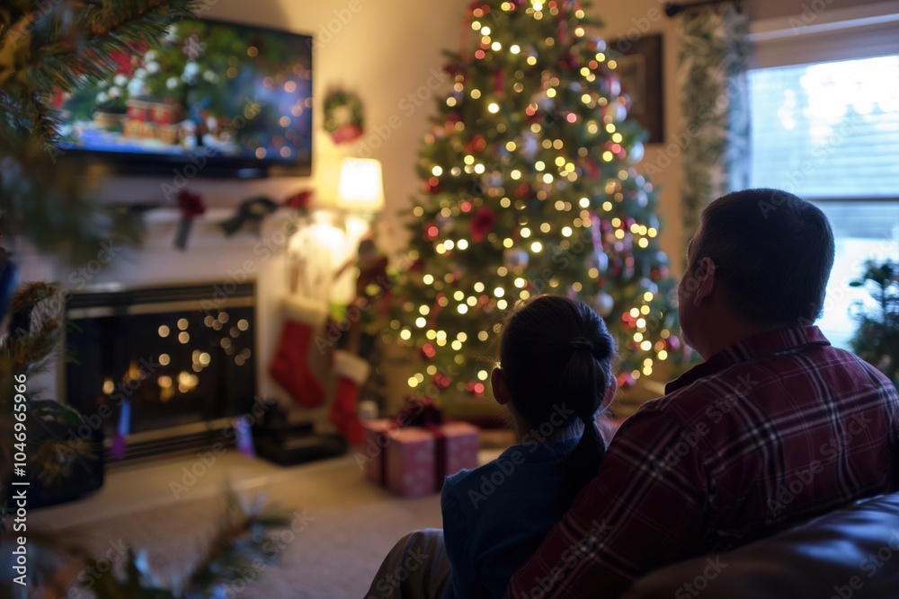 Family celebrating a holiday tradition with bright decorations in the living room Family celebrating a holiday tradition with bright decorations in the living room