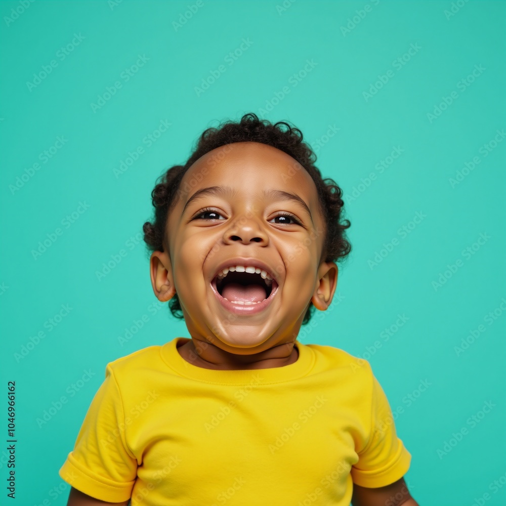 A joyful laughing African-American toddler dressed in a yellow t-shirt stands against a vibrant teal background A joyful laughing African-American toddler dressed in a yellow t-shirt stands against a vibrant teal background