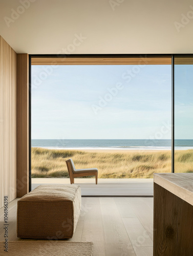 A serene interior view of a modern beachfront home with ocean and sand dunes in daylight photo