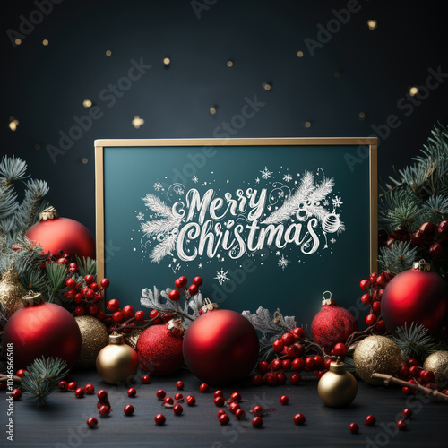 Merry Christmas Chalkboard Surrounded by Xmas Festival Elements in Dark Background Photo. photo