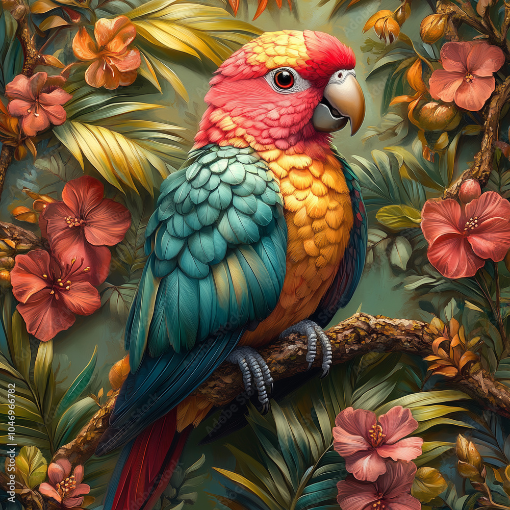 Fototapeta premium A colorful parrot perched on a tropical branch, with vibrant feathers in shades of red, blue, and green, and intricate details in the beak and wings generative AI (Home Decor)