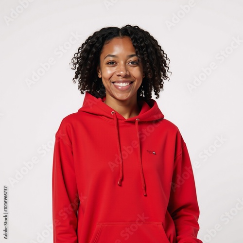 Portrait of an African American woman wearing a red hoodie against a pure white backdrop