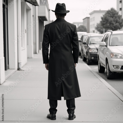 African American male back view stands on city street with stylish hat photo